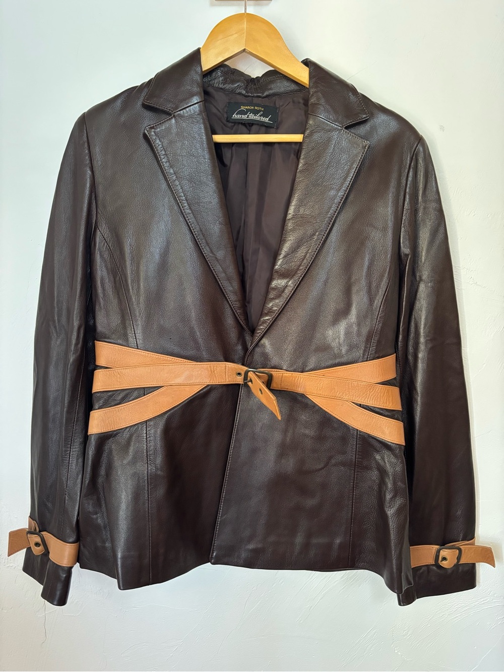 90s Vintage Sharon Roth Hand Tailored Leather Blazer Brown Camel Cutout Belt